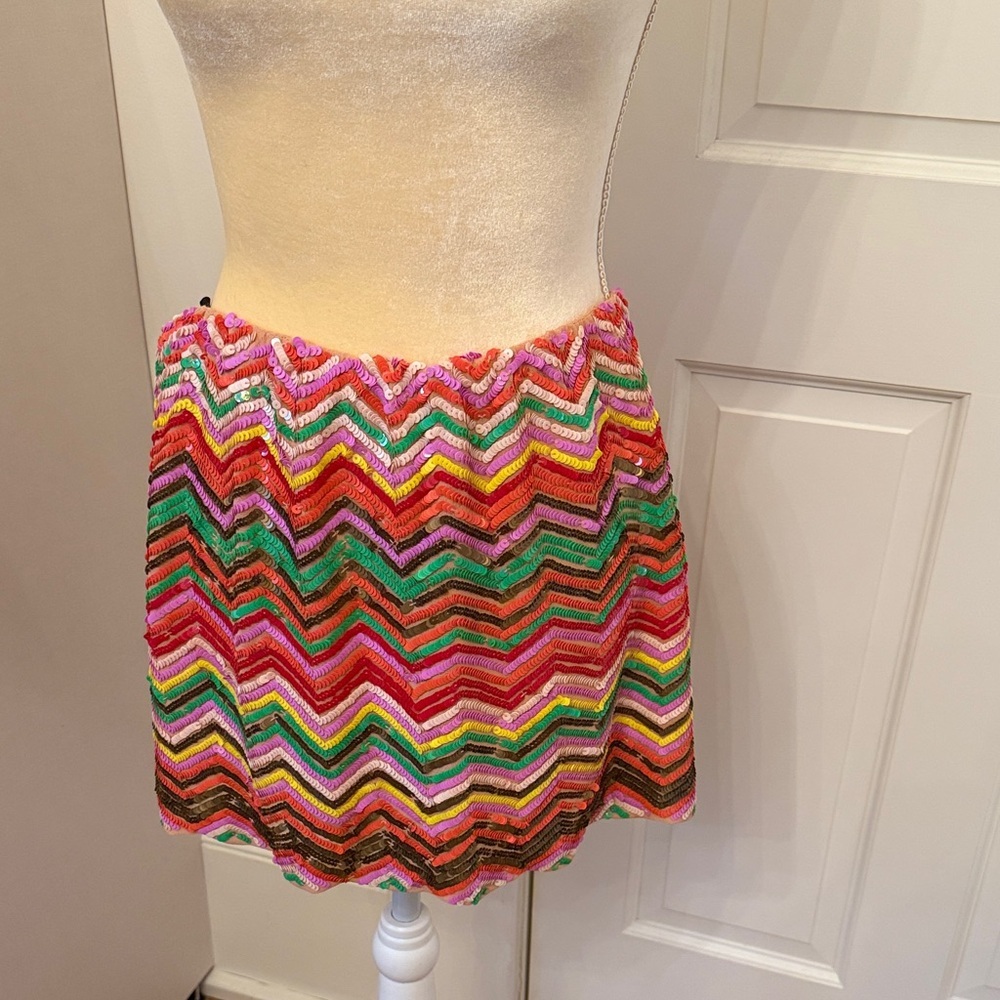 hazel Bright Chevron Crochet Mini Skirt in Pink, Green & Yellow